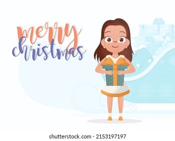 A little girl is holding a gift in her hands. New Year's poster. Flat style. Vector illustration