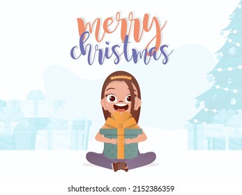 Little girl is holding a gift. Merry christmas banner. Cartoon style. Vector illustration