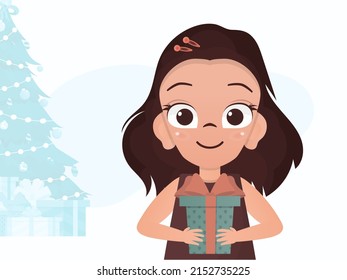 Little girl is holding a gift. New Year banner. Flat style. Vector illustration