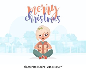 Little girl is holding a gift. New Year concept. Flat style. Vector illustration