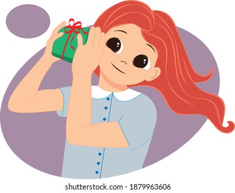 Little girl holding a gift, present for birthday, holiday, Christmas, new year. Flat vector cartoon illustration isolated on white background