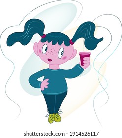 Little girl holding a glass. Baby drinks coffee with a bright rich aroma. Appetizing hot beverage. Emotional sign. Baby child face expression concept. Vector illustration of characters.