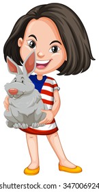 Little girl holding gray bunny illustration