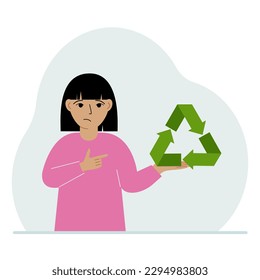 A little girl is holding a green recycle, recycling or ecology sign in his hands. Vector flat illustration.