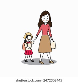 little girl holding hand with mother and go to school together, hand drawn style vector illustration