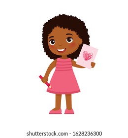 Little girl holding handmade greeting card flat vector illustration. Valentines Day. Smiling child character with greeting card. February 14 holiday isolated design element