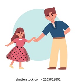 Little girl holding hands with her father. Father and daughter slow dance together. Happy international fathers day. Proud to be a father. Simple flat vector illustration