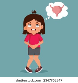 
Little Girl Holding her Tummy Urging to Pee Vector Cartoon Illustration. Unhappy kid dealing with urinary incontinence 
