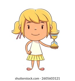 Little girl holding hourglass, happy cute child