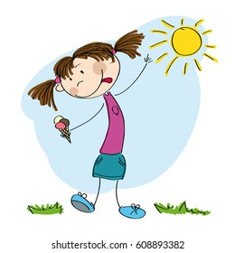 Little girl holding ice cream - original hand drawn illustration