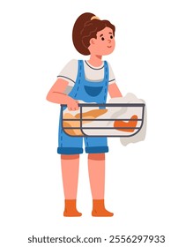 Little girl holding a laundry basket flat vector illustration isolated on white. Child doing house chores.