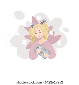 Little girl holding a letter or a bag. Cute  smiling girl with ribbons in hair. Flowers and leaves background. Vector illustration for cards, gifts, greetings. For friendship day, Mother's day.