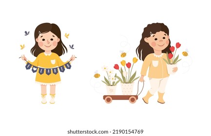 Little Girl Holding Love Earth Garland and Pulling Trolley with Flowers in Pot Caring About Nature and Planet Vector Set