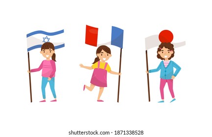 Little Girl Holding National Flags of Different Countries Waving on Pole Vector Set