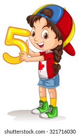 Little girl holding number five illustration