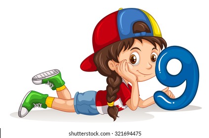 Little girl holding number nine illustration