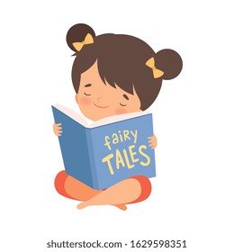 Little Girl Holding Opened Book Reading Fairy Tale Vector Illustration