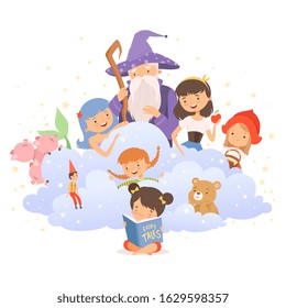 Little Girl Holding Opened Book Reading Fairy Tale with Fairy-tale Characters Sitting Behind Her Vector Illustration