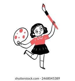 The little girl holding a palette and paintbrush. Hand drawn doodle vector illustration.