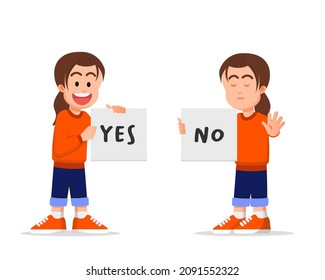 Little girl holding a paper that says yes and no