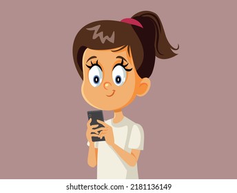 
Little Girl Holding a Phone Vector Cartoon Illustration. Happy child typing an SMS message talking online
