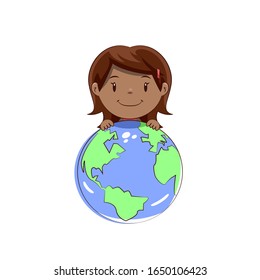 Little girl holding planet earth, happy cute child