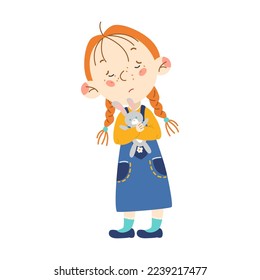 Little girl holding plush rabbit, cartoon vector illustration. Young person with emotion. Teen character avatar isolated on white background