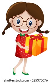 Little girl holding present box illustration