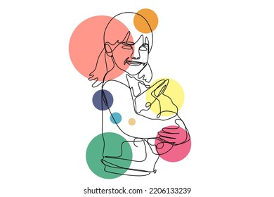 A little girl is holding a rabbit in her arms. One line drawing. Vector illustration. People and animals.