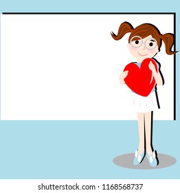
Little girl holding red heart standing beside white text label, vector image