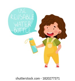 Little Girl Holding Reusable Water Bottle Vector Illustration