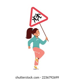 Little Girl Holding Road Sign with Running Kids Isolated on White Background. Cute Child with Caution Banner for City Road Traffic. Children Safety Rules Education Concept. Cartoon Vector Illustration