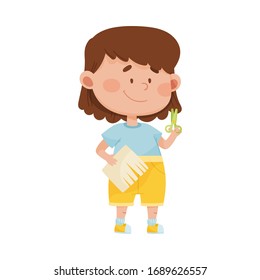 Little Girl Holding Scissors Doing Paper Craft Vector Illustration