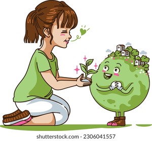 little girl holding seedlings and green earth