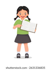 Little girl holding showing open book pointing at book page standing
