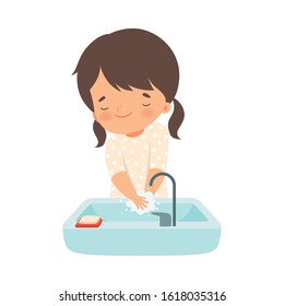 Little Girl Holding Soap Washing Her Hands in the Sink Vector Illustration