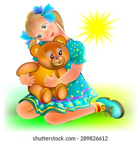Little girl holding teddy bear, vector cartoon image 