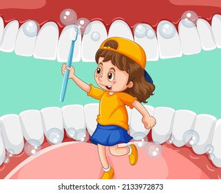 A Little Girl Holding Toothbrush Inside Human Mouth Illustration