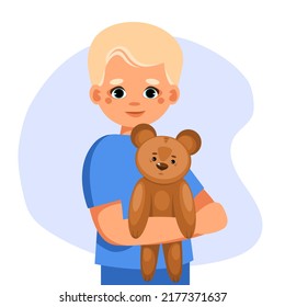 Little girl holding toy bear in his hands. Charity society protecting, upbringing assistive aid orphans organization. Concept of charitable support of children. Vector illustration.