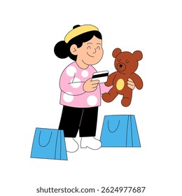 Little girl holding toy bear and credit card during shopping