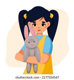 Little girl holding toy bunny in her hands. Charity society protecting, upbringing assistive aid orphans organization. Concept of charitable support of children. Vector illustration.