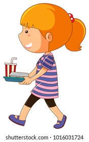 Little girl holding tray of food illustration