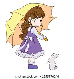 A little girl holding an umbrella and looking at the bunny