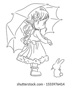 A little girl holding an umbrella and looking at the bunny - coloring page