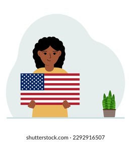 The little girl is holding a US flag. The concept of demonstration, national holiday, independence day or patriotism. Nationality. Vector flat illustration