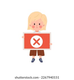 Little girl holding warning sign with red cross, cartoon flat vector illustration isolated on white background. Kindergarten kid or school pupil learning about safety.
