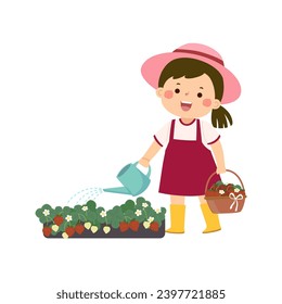 Little girl holding watering can and watering strawberry bushes.