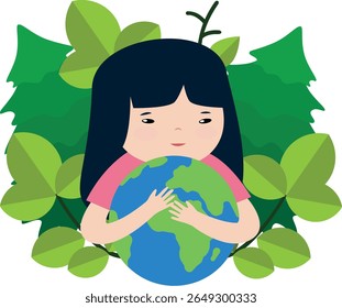 A little girl holding a world globe surrounded by leaves. Vector illustration