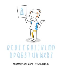 little girl holds an alphabet letter A, vector font