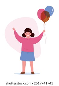 Little girl holds balloons in her hand. Positive child smiles. Vector flat graphics.